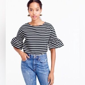 J.Crew Black and White Stripped Ruffle Sleeve Blouse Top size XL